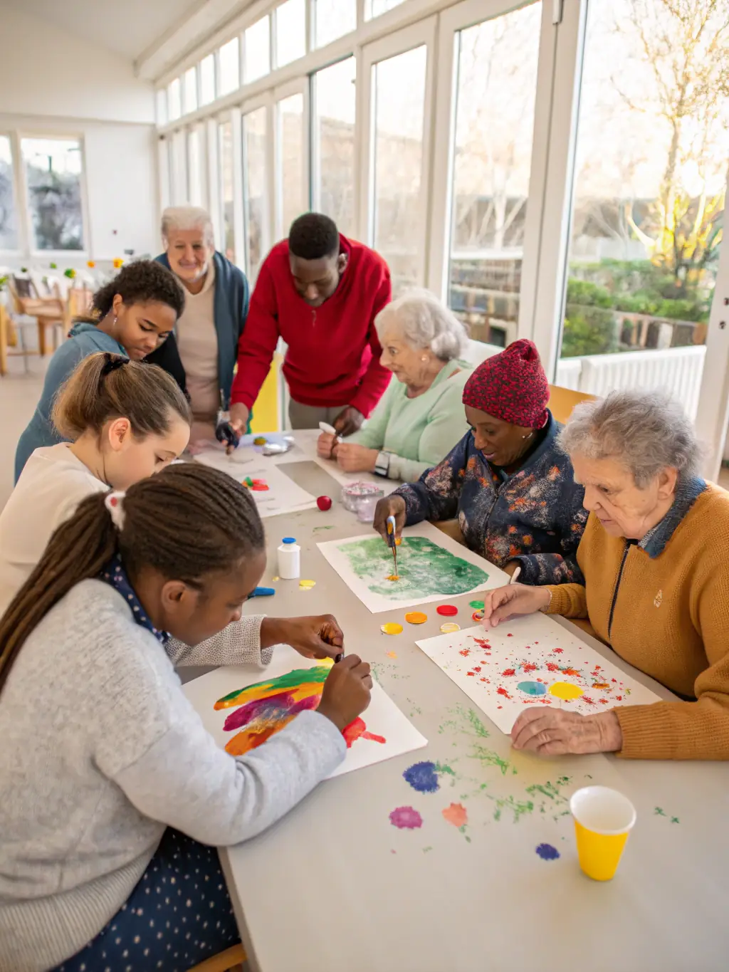 A vibrant image of retirees engaged in a painting class, with colorful canvases and art supplies scattered around the studio.