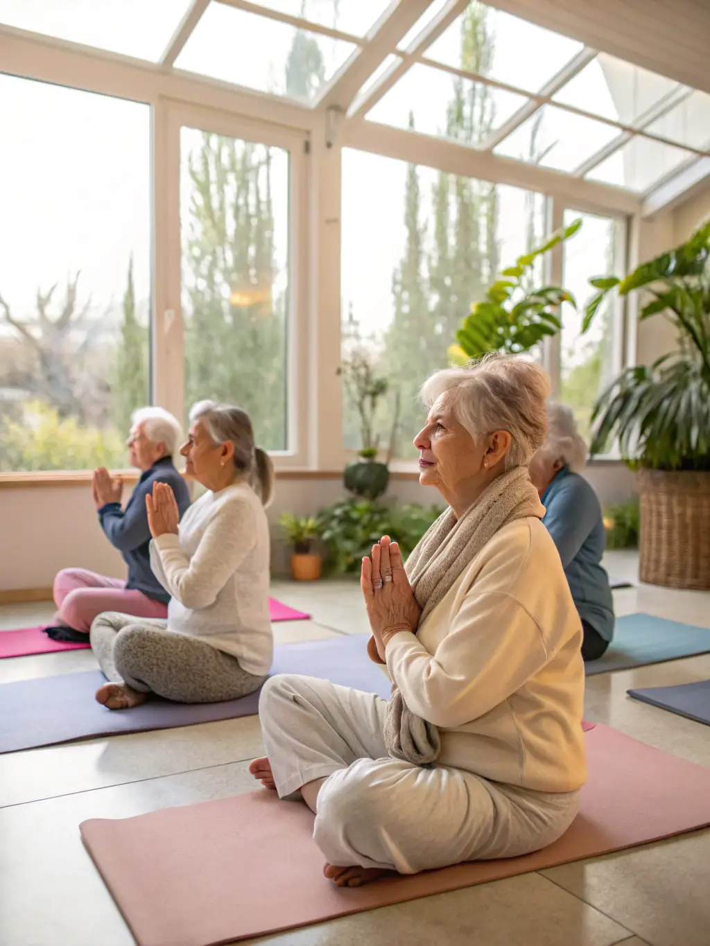 A group of retirees participating in a gentle yoga class in a park, with an instructor guiding them through the poses.