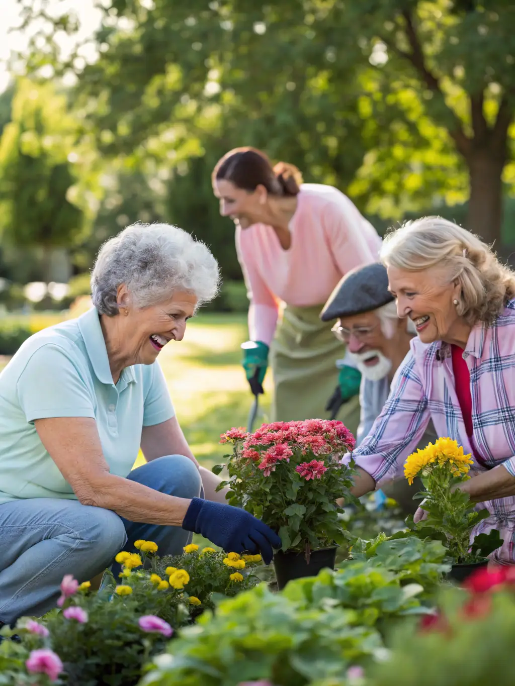 Retirees participating in a gardening workshop, planting flowers and learning about horticulture from an expert.