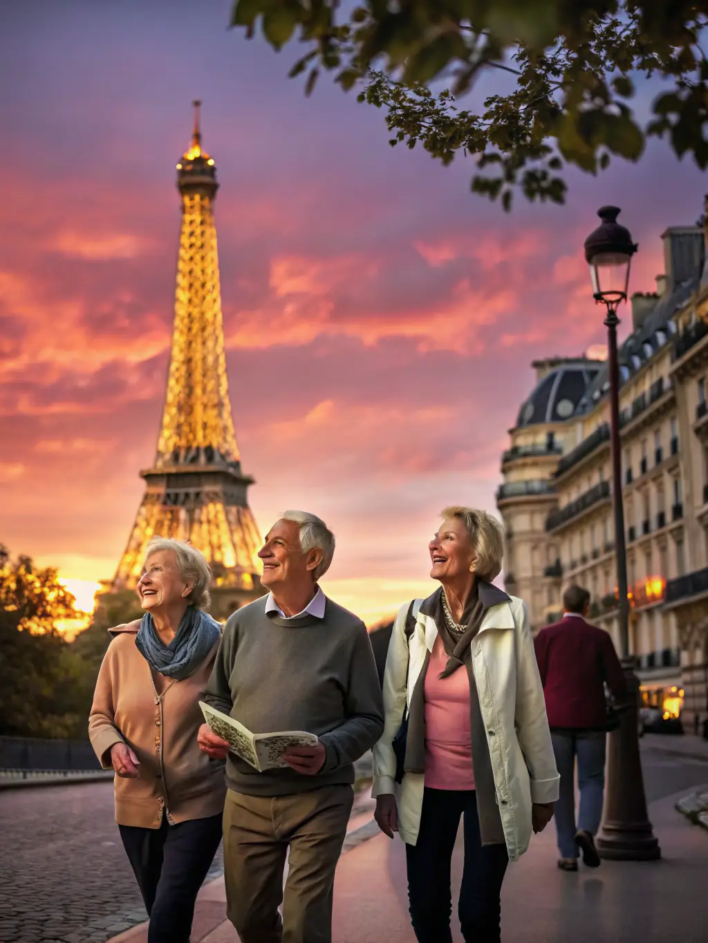 A group of retirees participating in a guided walking tour through a historical district of Paris, smiling and engaged with the tour guide.