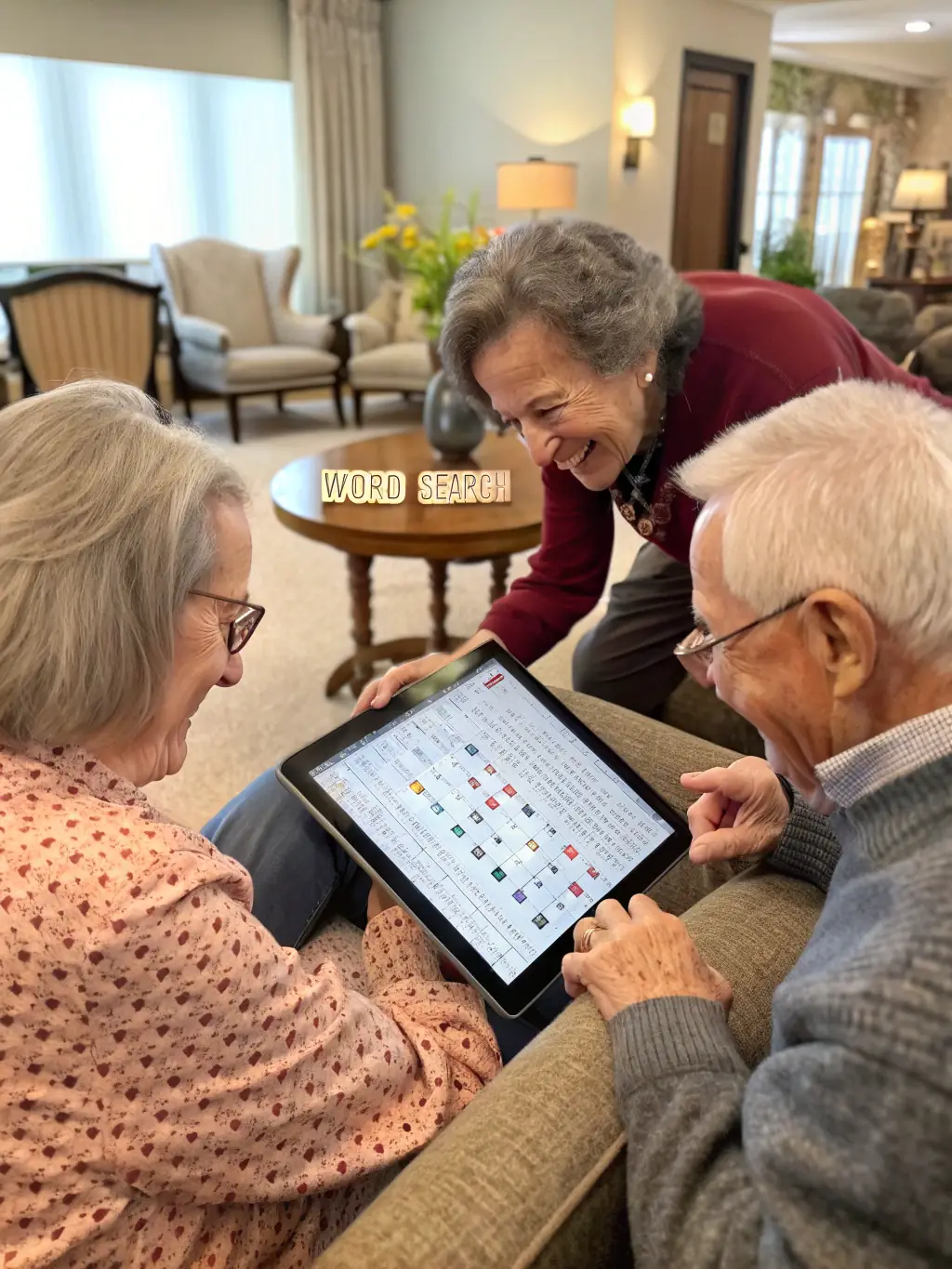 A photograph of a group of senior citizens participating in a digital literacy workshop, learning how to use tablets and smartphones.