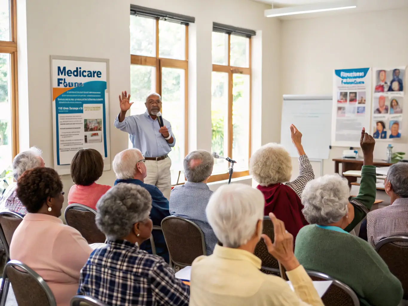 An image depicting retirees attending a health and wellness seminar, with a presenter discussing healthy living tips.