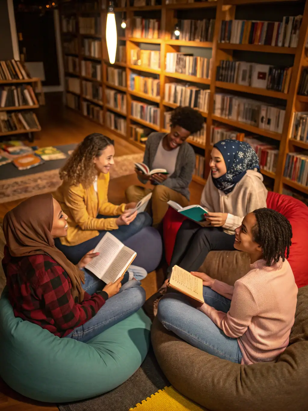 A group of retirees participating in a book club meeting, discussing literature and enjoying each other's company in a cozy library setting.